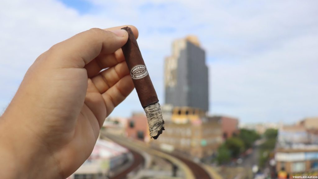 A hand holding a partially smoked Tatuaje El Triunfador Lancero cigar with a city skyline in the background.