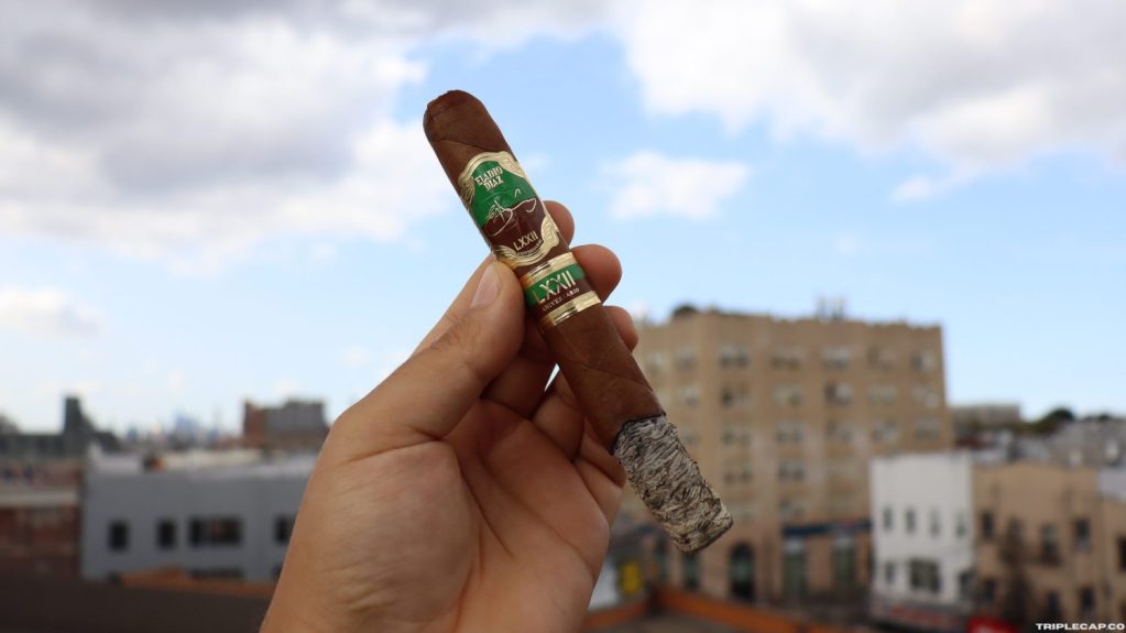 Eladio Díaz 72 Aniversario Second Third A person holding an Eladio Díaz 72 Aniversario cigar in front of a city skyline with cloudy skies.