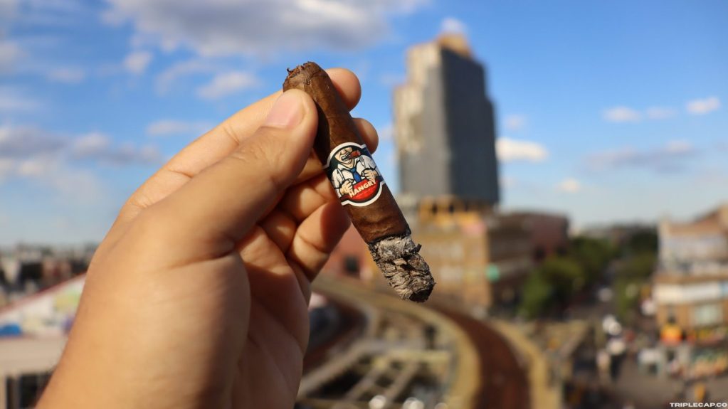 Martinez Hangry Final Third A hand holding a partially smoked Martinez Hangry cigar against a city skyline with a blue sky and clouds in the background.
