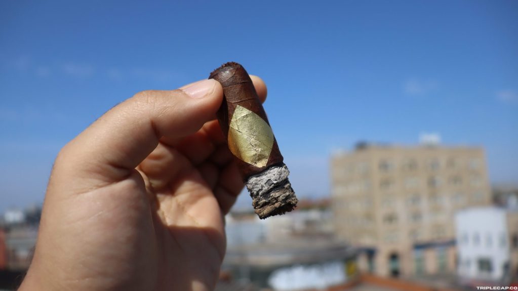 Cavalier Genève Boartamer Conclusions A hand holding a partially smoked cigar with a gold band against a clear blue sky and cityscape in the background.
