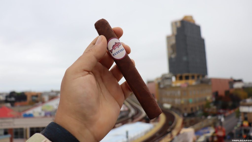 A hand holding a cigar labeled 'Redfish' against a backdrop of a cityscape with buildings and a cloudy sky.