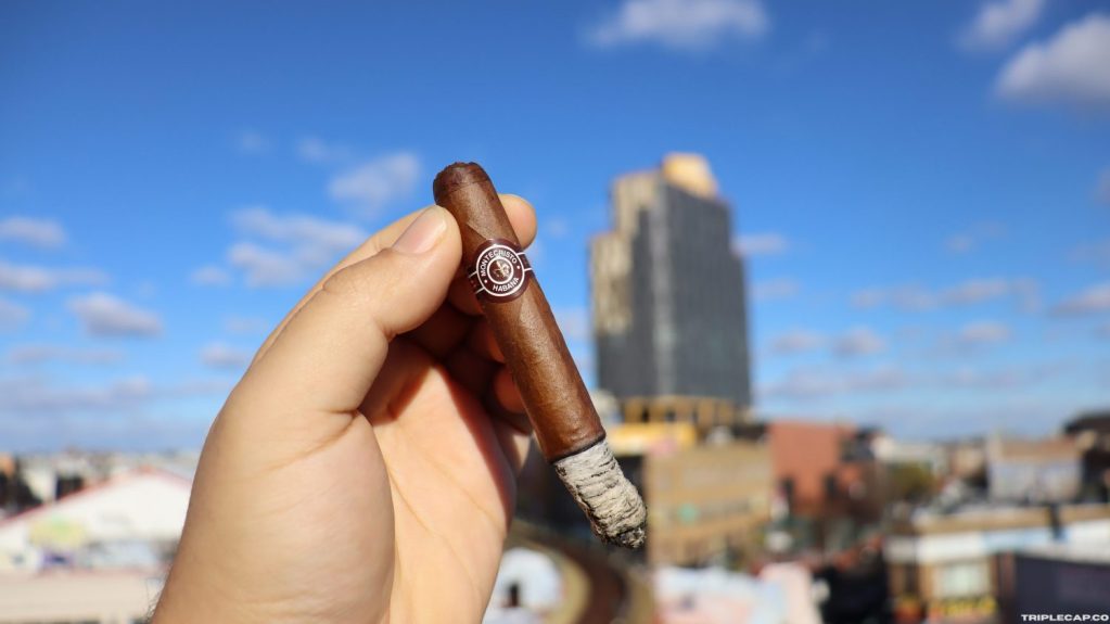 A hand holding a Montecristo Especiales No.2 cigar against a blue sky with clouds and a cityscape in the background.

Montecristo Especiales No.2 Final Third